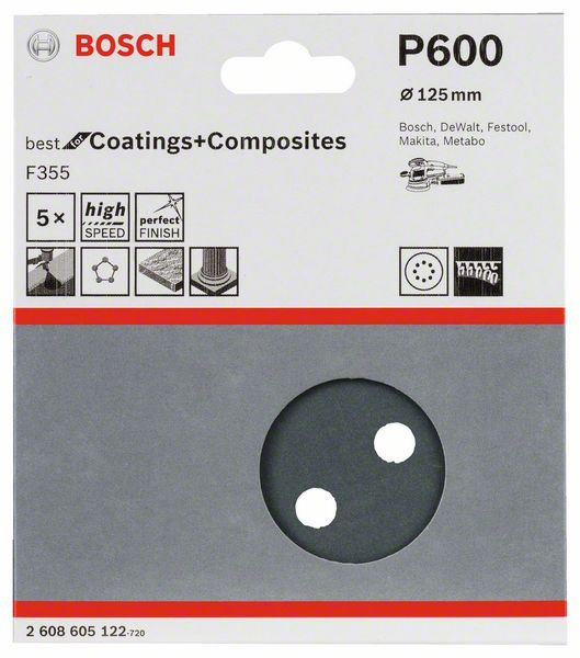 Шлифкруги Bosch Best for Coatings+Composites F355, Ø125мм, 8 отверстий, K600, 5шт